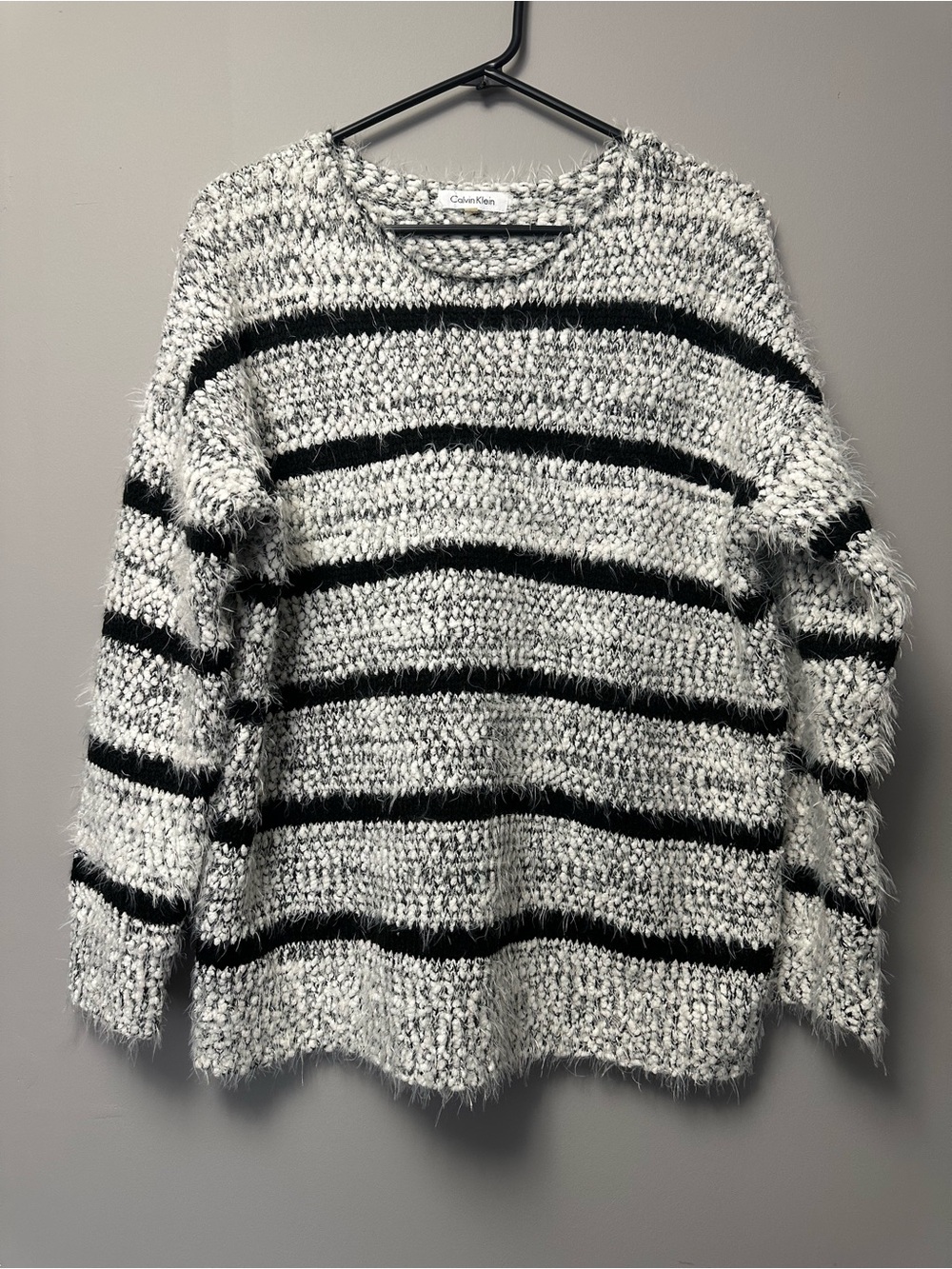 Calvin Klein Black & White Fuzzy Striped Crewneck Sweater